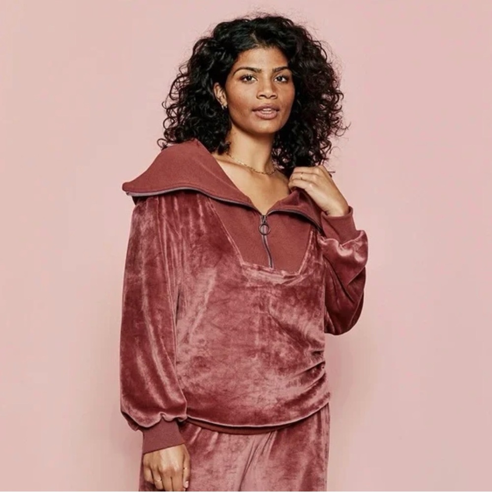 summersalt Rose Mauve Velour Half-Zip Hooded Sweatshirt